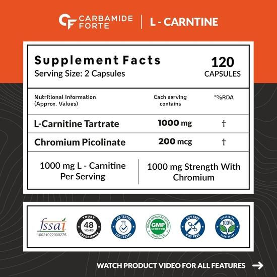 Carbamide Forte L Carnitine L Tartrate 1000mg Capsules for Men & Women | Pre Workout Supplement - 120 Veg Capsules