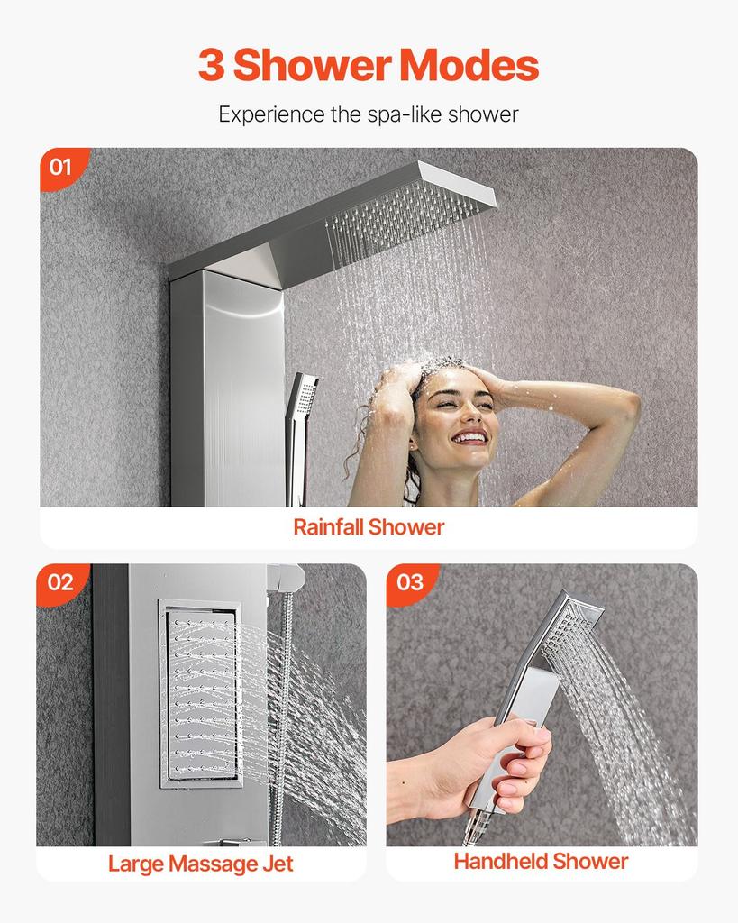 VEVOR Shower Panel Tower System with Rainfall Shower Head, 53 in Brushed Stainless Steel Shower Column, 3-Function Faucet