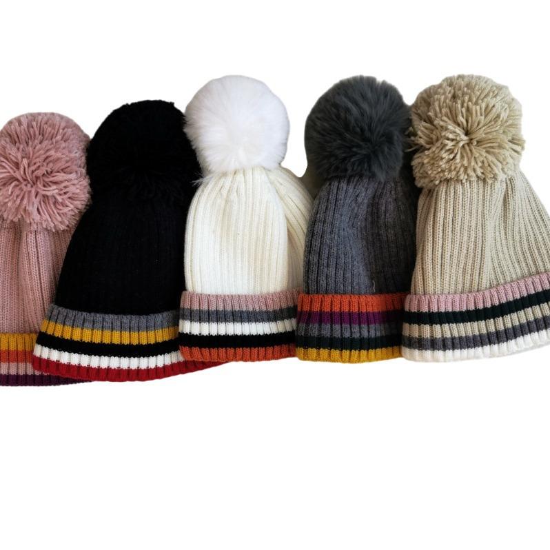 Autumn and winter hairball flanged knitted hat men's and women's color striped edge fashion warm wool hat