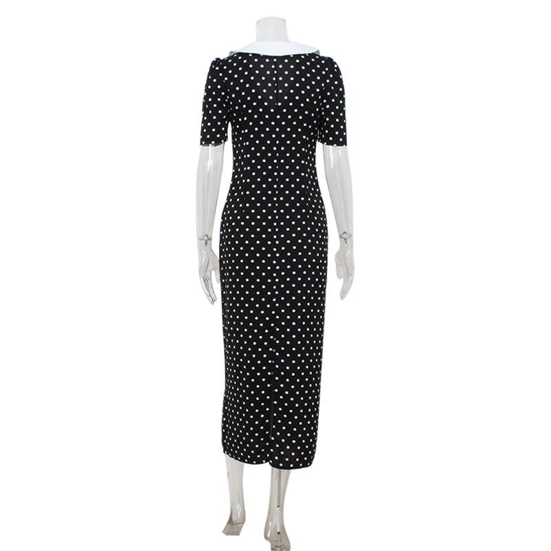 Damen Audrey Hepburn Stil Polka Dot Kleid Vintage Blumendruck Color Block Slim Fit Langes Kleid Mode Elegant
