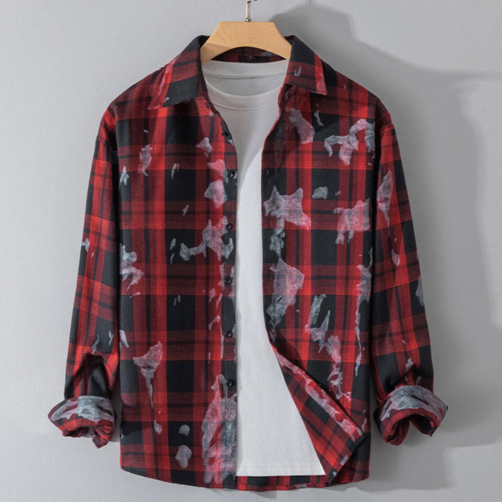 

Мужская осенняя повседневная свободная клетчатая рубашка с длинным рукавом на пуговицах XL красный