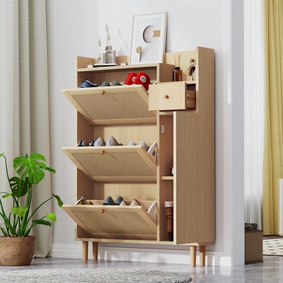 Free Standing Shoe Cabinet with 3 Tilt Doors 1 Drawer Wood Handles Solid Legs Space Saving No Burrs Small Closed Style Shoe Organizer Furniture