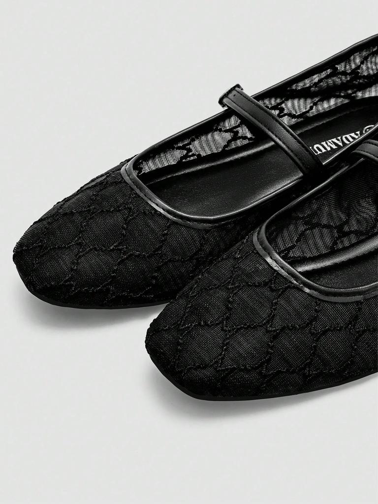 Women's Black Square Toe Ballet Mary Jane Flats with Geometric Square Pattern and Black Buckle Strap