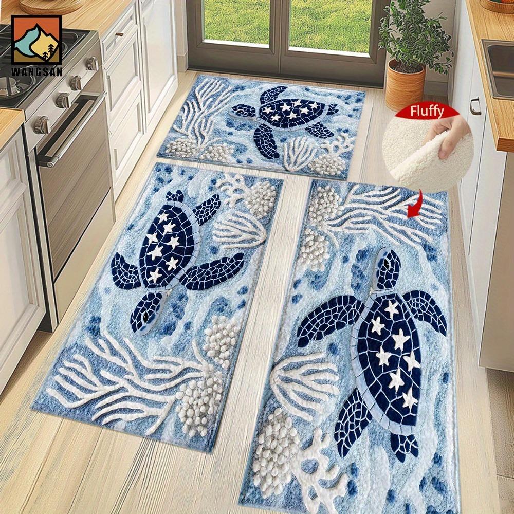 Sea Turtle Ocean Print Bath Mat Non Slip Washable Bathroom Rug Blue White Marine Decor Kitchen Entryway Floor Mat 1PC