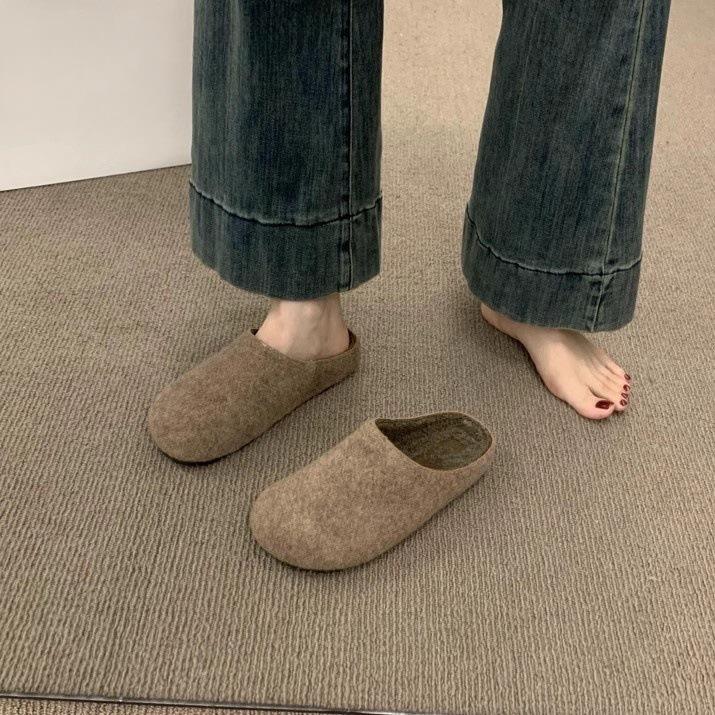 Retro round head felt bag head half slippers wearing cotton shoes lazy one pedal thick-soled velvet Birkenstocks