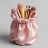Pen Holder Large Capacity Makeup Brush Storage Holder with Soft Pink Satin Texture Design Stable Base Organizer for Home Dormitory