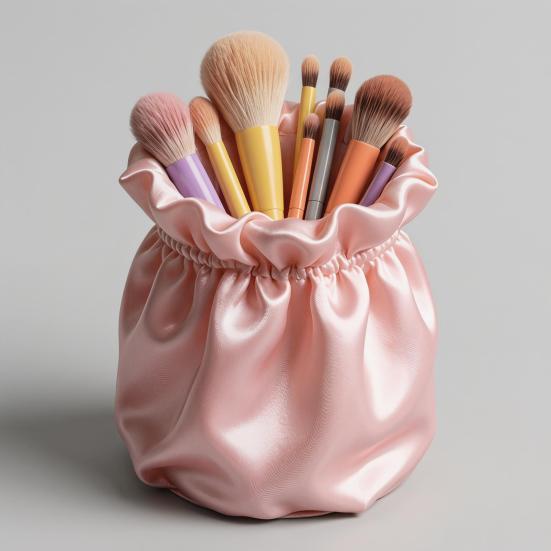 Pen Holder Large Capacity Makeup Brush Storage Holder with Soft Pink Satin Texture Design Stable Base Organizer for Home Dormitory