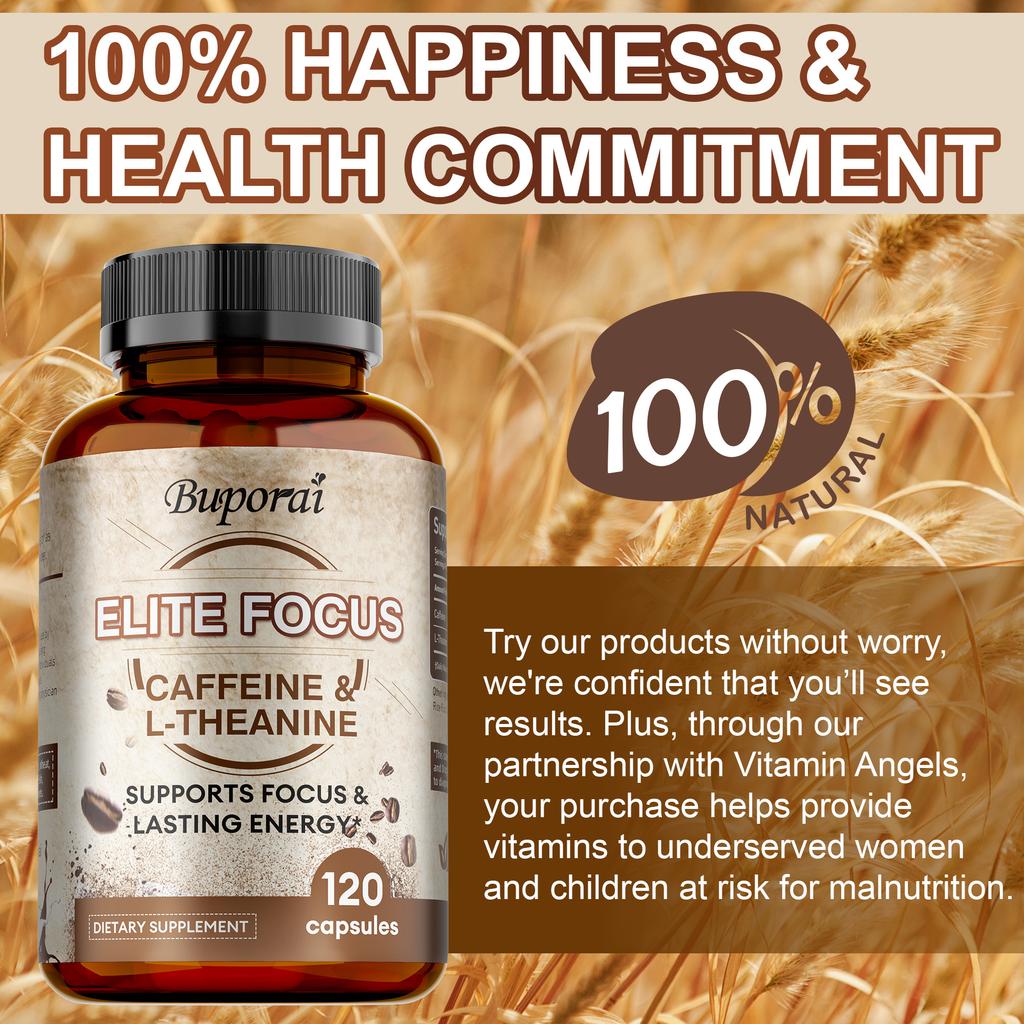 Buporai Elite Focus Dietary Supplement, Contains Caffeine + L-Theanine, Daily Nutritional Supplement
