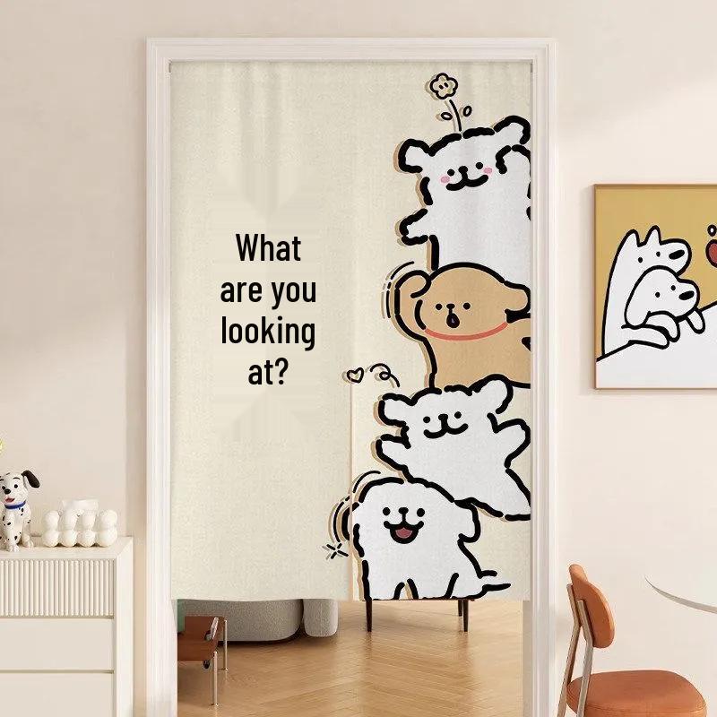 Cartoon Puppy Line Art Door Curtain: Privacy with Light-Permeable, No-Drill Hanging Design