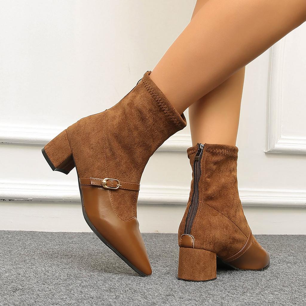 Women's And Winter Pointed Toe Thick Heel One Strap French Retro Solid Color Rear Zipper Ankle Boots Boots for Women Dressy