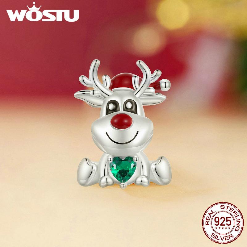 WOSTU Real 925 Silver Christmas Tree Beads Snow Globe Pendant Snowflake Bell Charm Fit DIY Bracelet Necklace Cute Xmas Gift