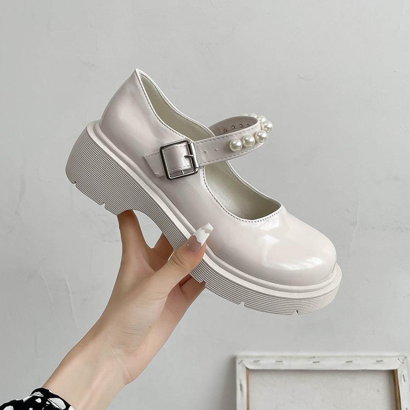 French Retro British Style Small Leather Shoes Women's Spring New Beaded Fairy Word with Platform Mary Jane Single Shoes