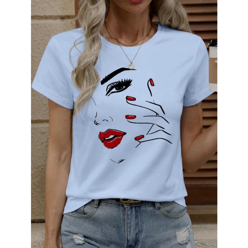Summer Round Neck 3D Facial Depiction Pattern Print Top Fashionable Casual Short Sleeved Women's T-shirts