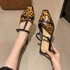 Fashion Leopard-print Leather Bun Head Square Slippers with Female Summer Outside Wear Summer New Non-slip Low Heel Roman Shoes