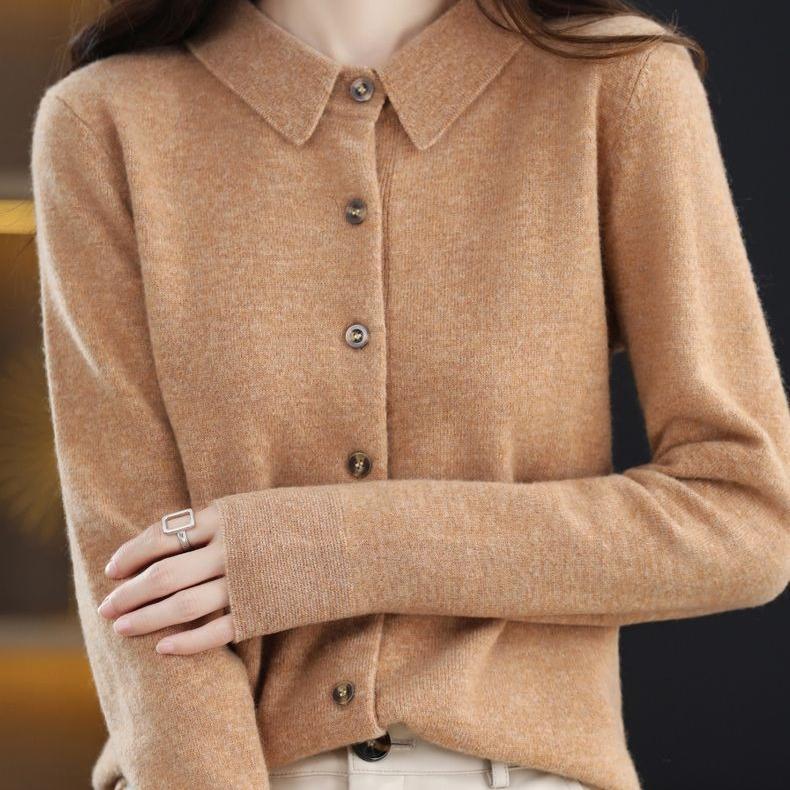Spring Autumn Women's Wool Cardigan Solid Color Polo Collar Knitted Cardigan Long Sleeve Slim Fit Stretch Wool Cardigan