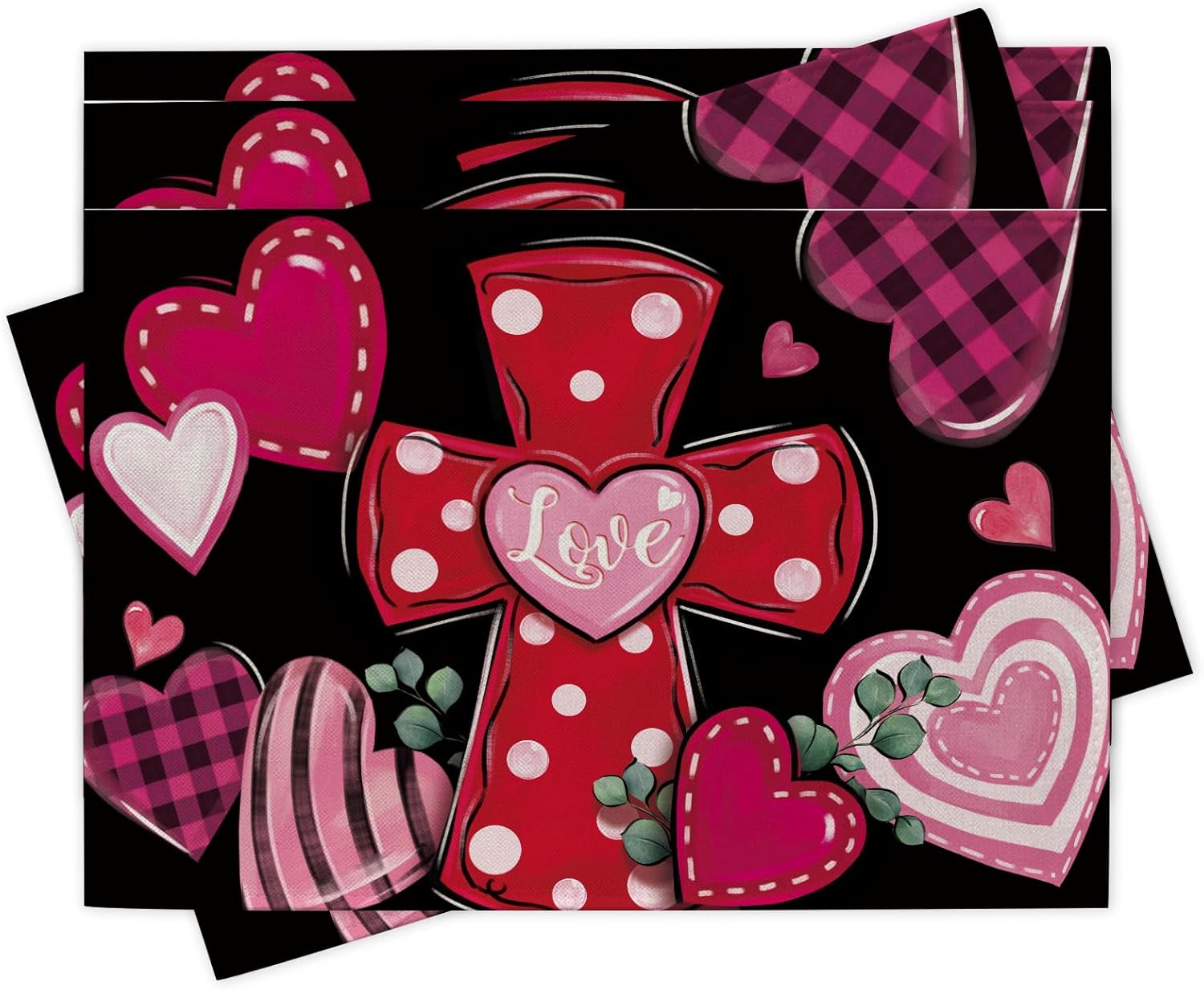 

Christian Valentines Day Cross Placemats Set of 4, Religious Love Hearts Polka Dots Plaid Stripes Dining Place Mats Table Decor 4Pcs