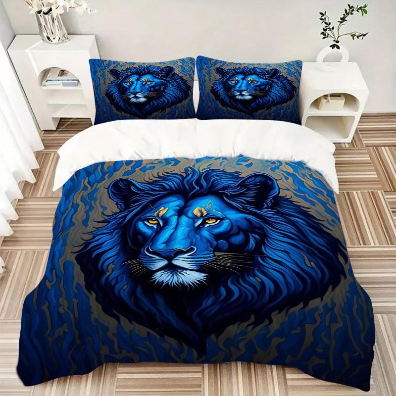 Set Biancheria da Letto Leone Blu 3 Pezzi - 1 Copripiumino + 2 Federe(Nucleo non incluso), Poliestere Lavabile in Lavatrice yy251216103