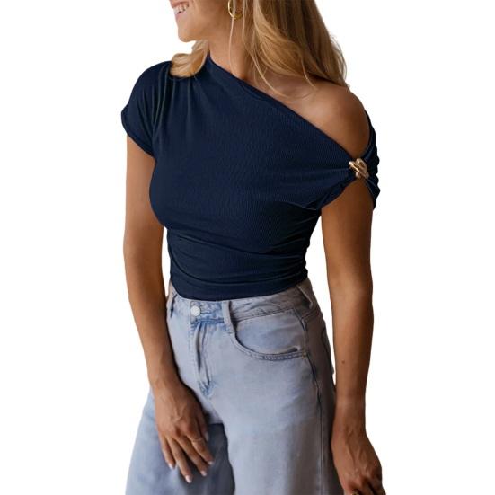 Women T-shirt Soft Stretchy Regular Fit Sloping Shoulder Short Sleeve Pullover Tops with Metal Design Party Vacation Casual Wear