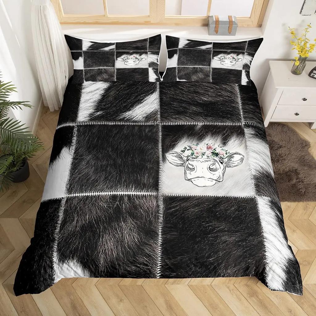 Comforter Cowhide Cow Fur Bedding Set Microfiber Western Farm Animal Skin Comforter Twin Full For Kids Teens Room Decor