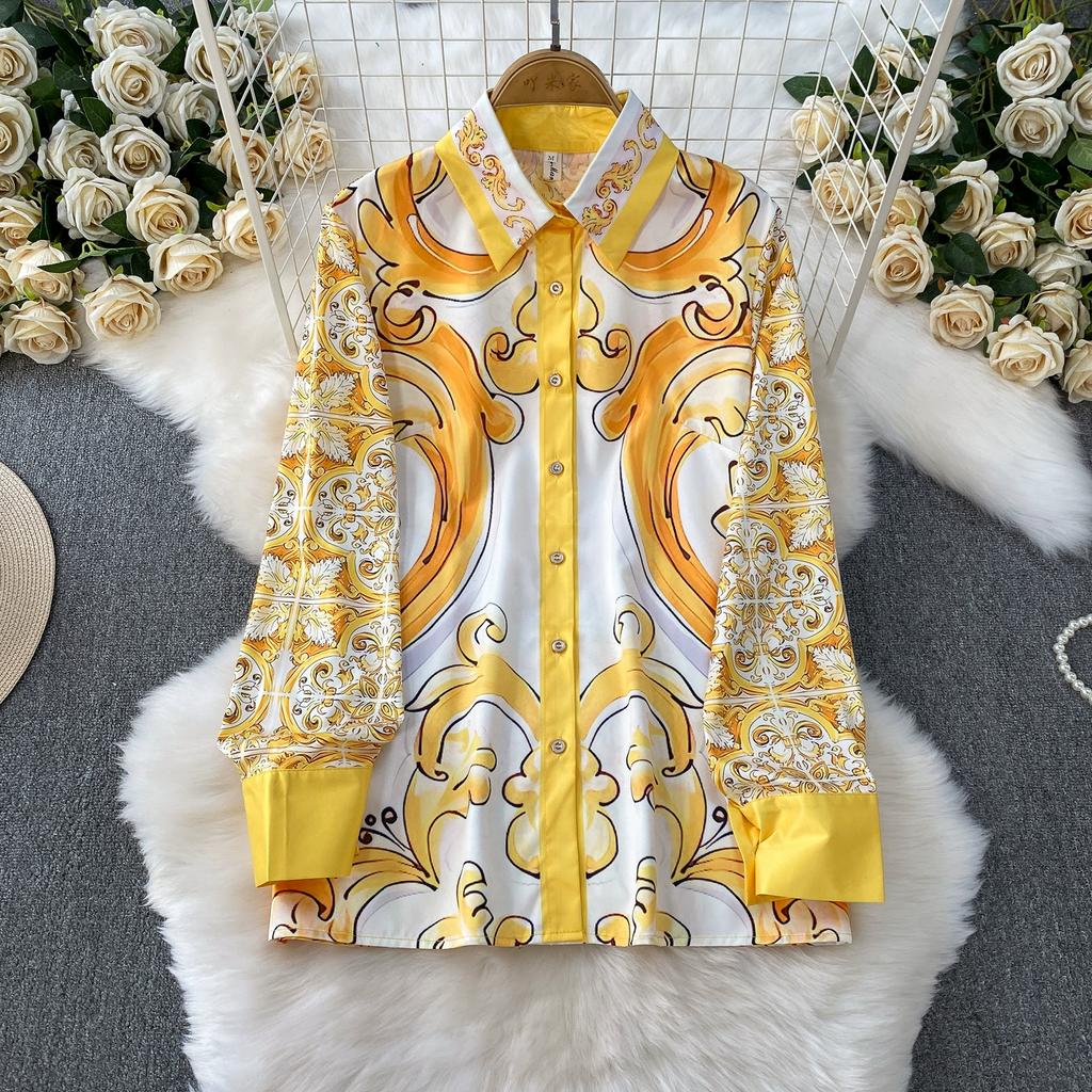Spring Autumn Vintage Designer Print Runway Trouser 2 Piece Set Women Turn-down Collar Shirt And Elastic Waist Pocket Pant Suit