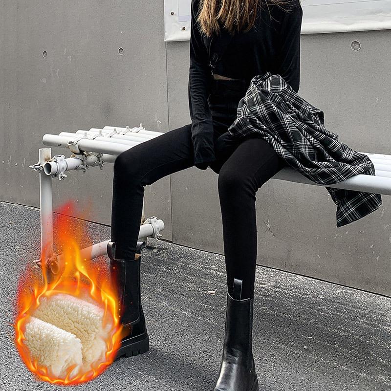 High Waist Plus Size Fleece-Lined Denim Leggings for Women - Spring/Autumn Slimming Elastic Skinny Pants