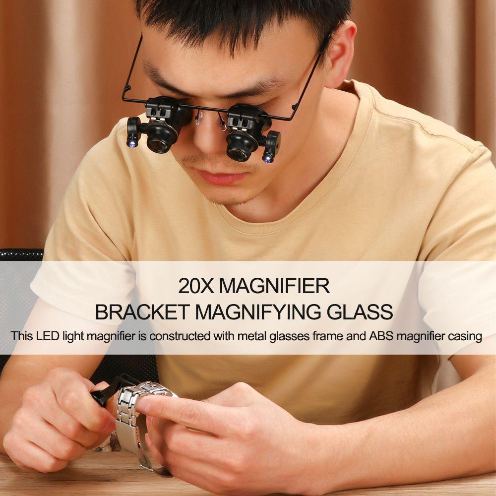 

Лупа со светодиодной подсветкой, очки с двойными глазами, тип 20-кратной лупы, инструмент для ремонта часов, ювелирный инструмент для осмотра