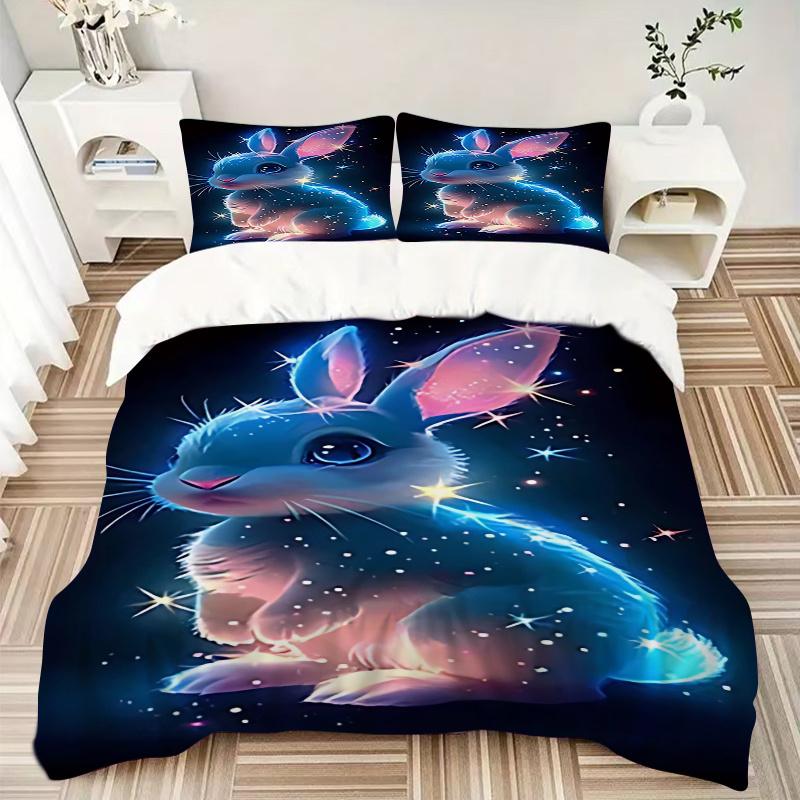 3pcs Glowing Bunny Rabbit Comforter Set with One Quilt Cover and Two Pillowcases (No Core) - Anime Cartoon Design, Polyester Fabric, Festive Gift for