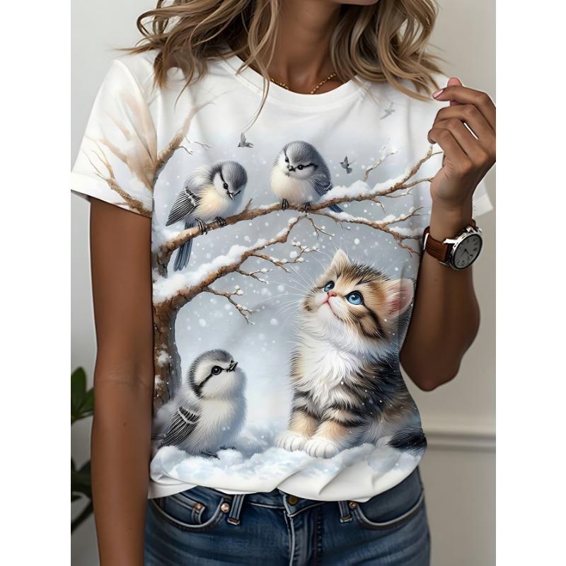 

Women s short sleeve t-shirt, cute winter scene print with kittens and birds, snowy tree branches, casual crew neck t-shirt 4XL