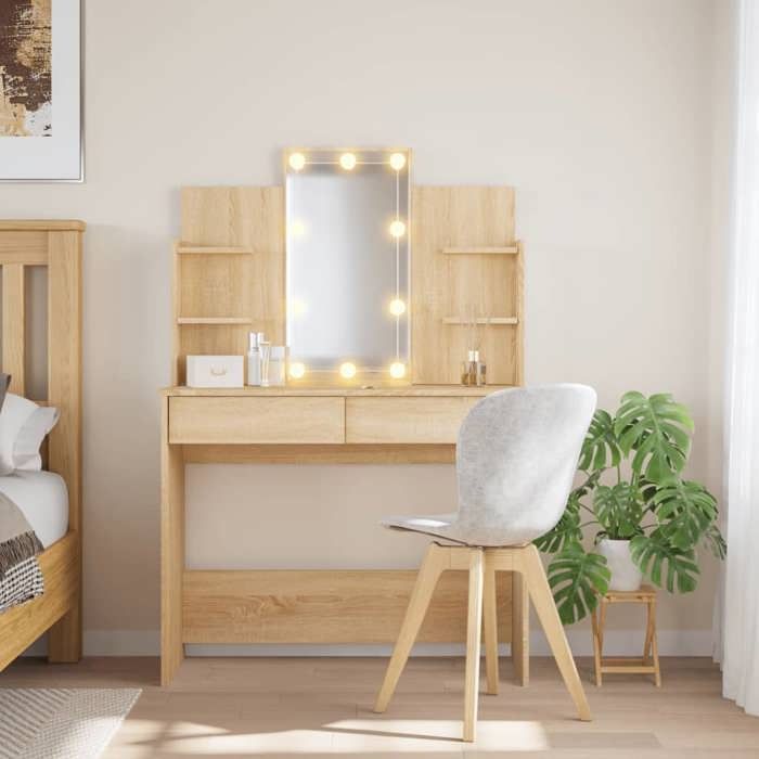 VidaXL Coiffeuse avec Lumières LED, Table de Maquillage avec 2 Tiroirs et 4 Étagères, Table Cosmétique avec Miroir Chambre, 837894