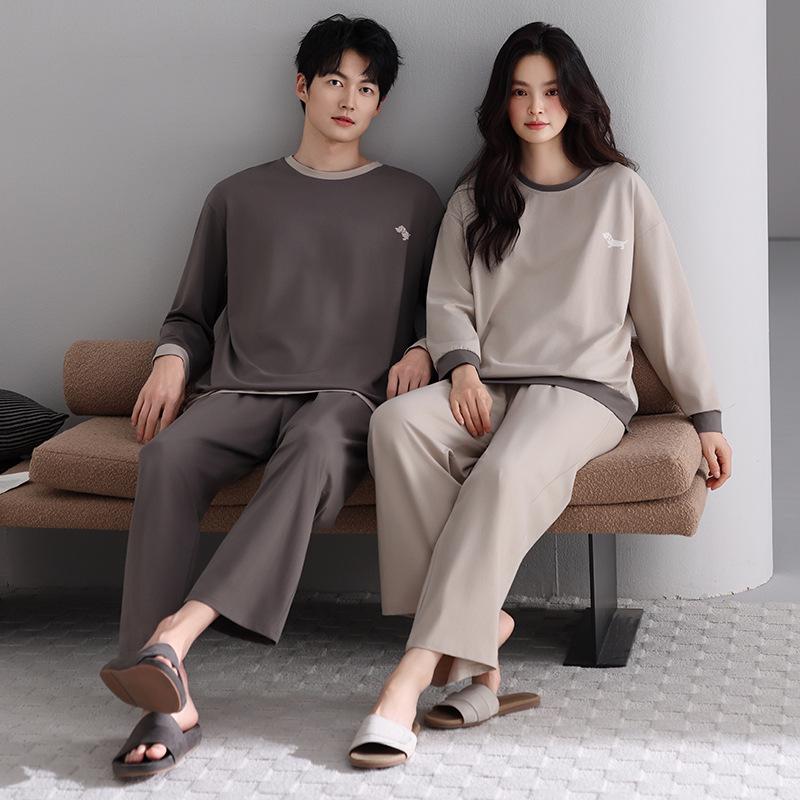 Damen Pyjama-Set aus gerippter Baumwolle - Langarm, lange Hose, sportlich-lässig, Herbststil, auch draußen tragbar