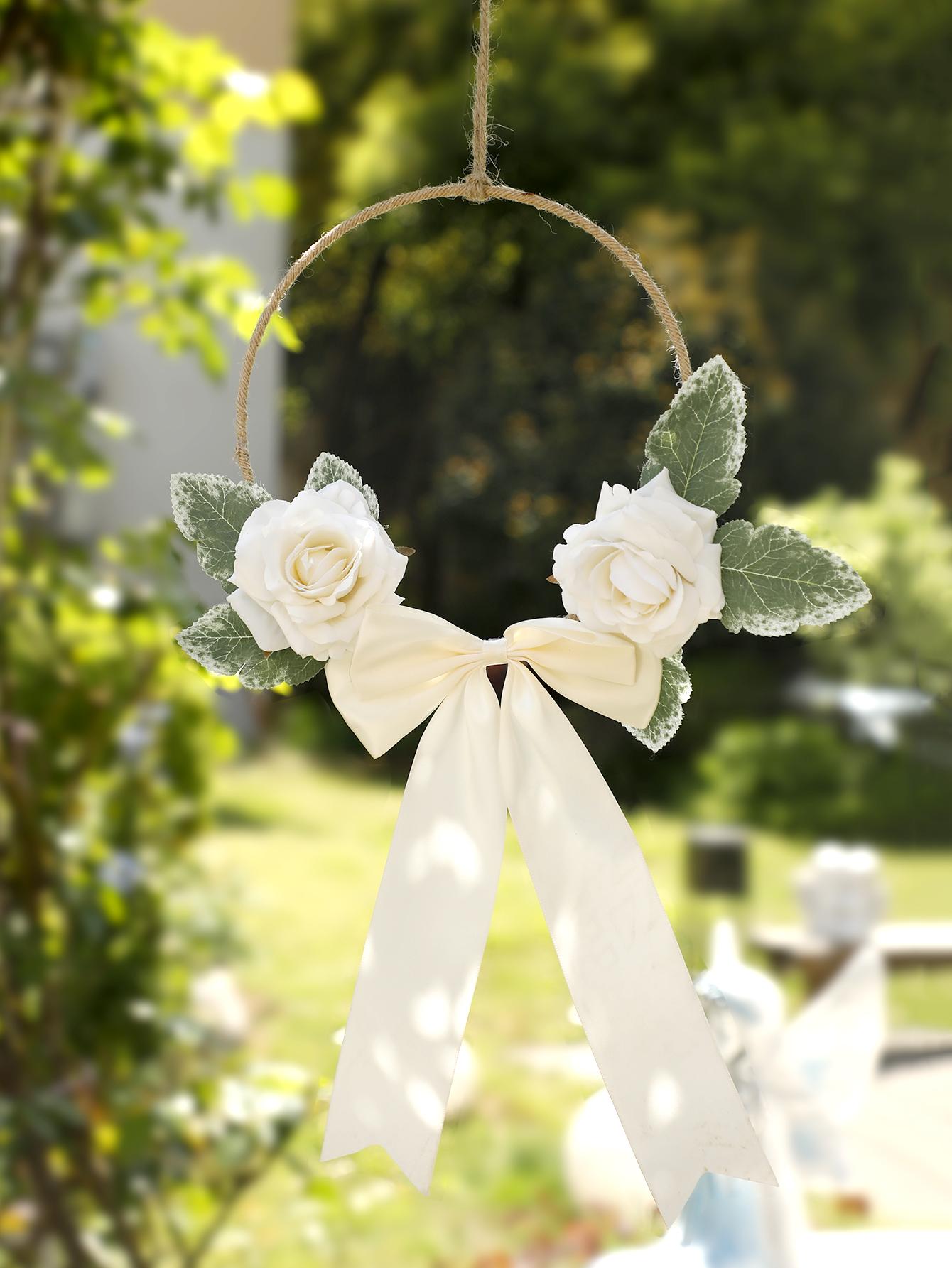 

Artificial Floral Wreath for Wedding Ornament Hanging Decoration Macrame Wood Bead Fake Flower Garland Front Door Outdoor Decor
