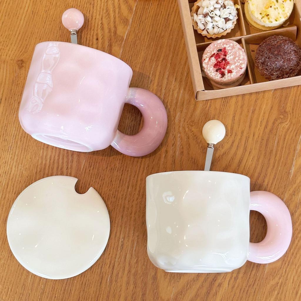 Milk Fufu Contrasting Color Mug Girls High Value Cup Household Drinking Water Ceramic Cup With Lid And Spoon Couple Water Cup