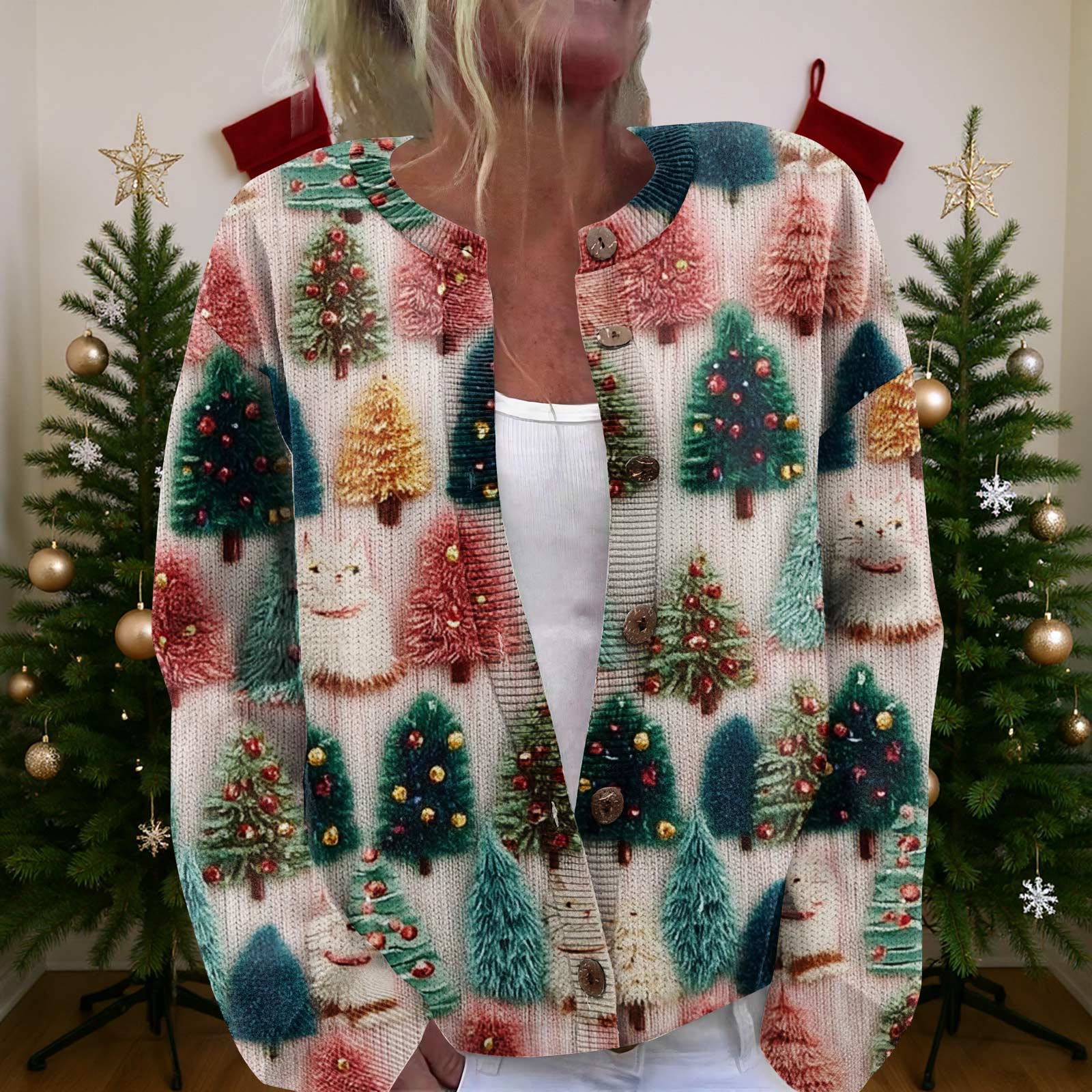 Женский рождественский свитер Милый забавный рождественский свитер Осень и зима Свитер с длинным рукавом вязаный XXL
