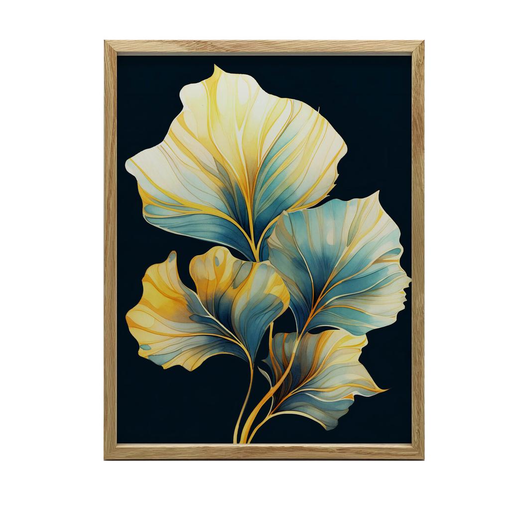 Liście W Akwareli - Ciemny Akwamaryn I Bursztyn Liście W Akwareli - Ciemny Akwamaryn I Bursztyn, 30X40 Cm, Rama Aluminiowa Czarna, Papier Matowy 230 G