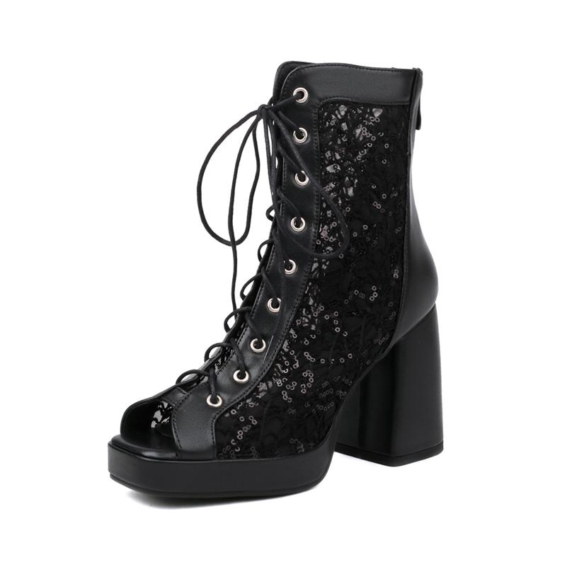 FOREADA Women Hollow Mesh Sandals Peep Toe Thick High Heels Platform Lace-up Zipper Sexy Jazz Dance Boots Ladies Shoes Summer 46