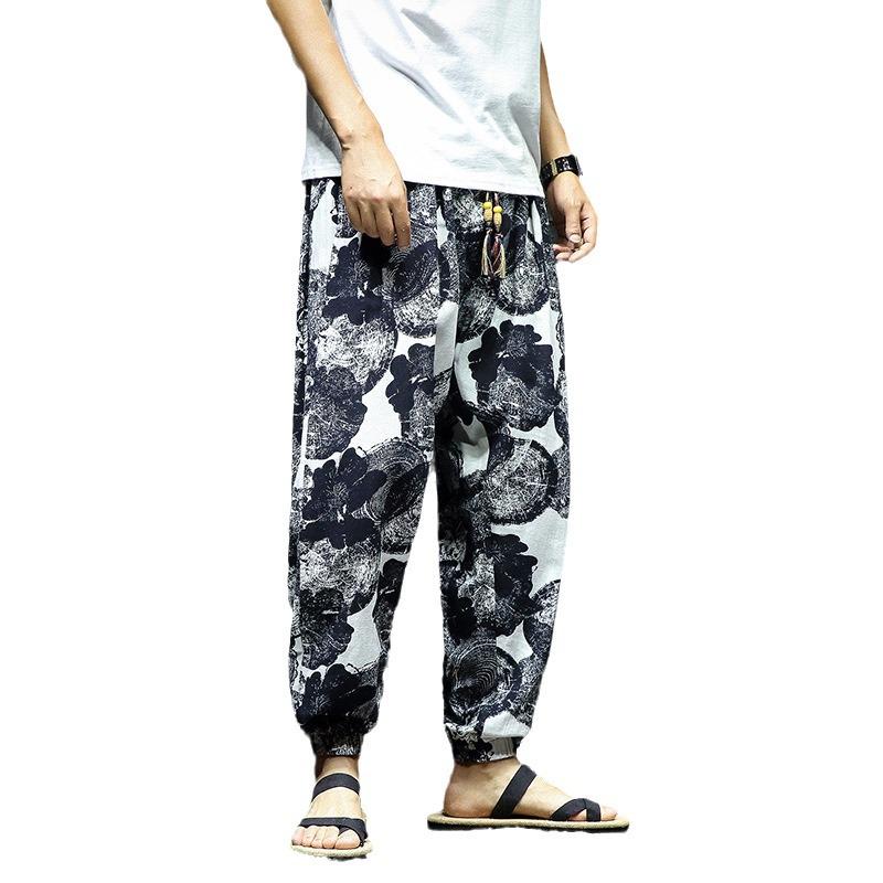 2023 Men's Autumn Cotton-Linen Floral Retro Large Size Slim-Fit Trousers