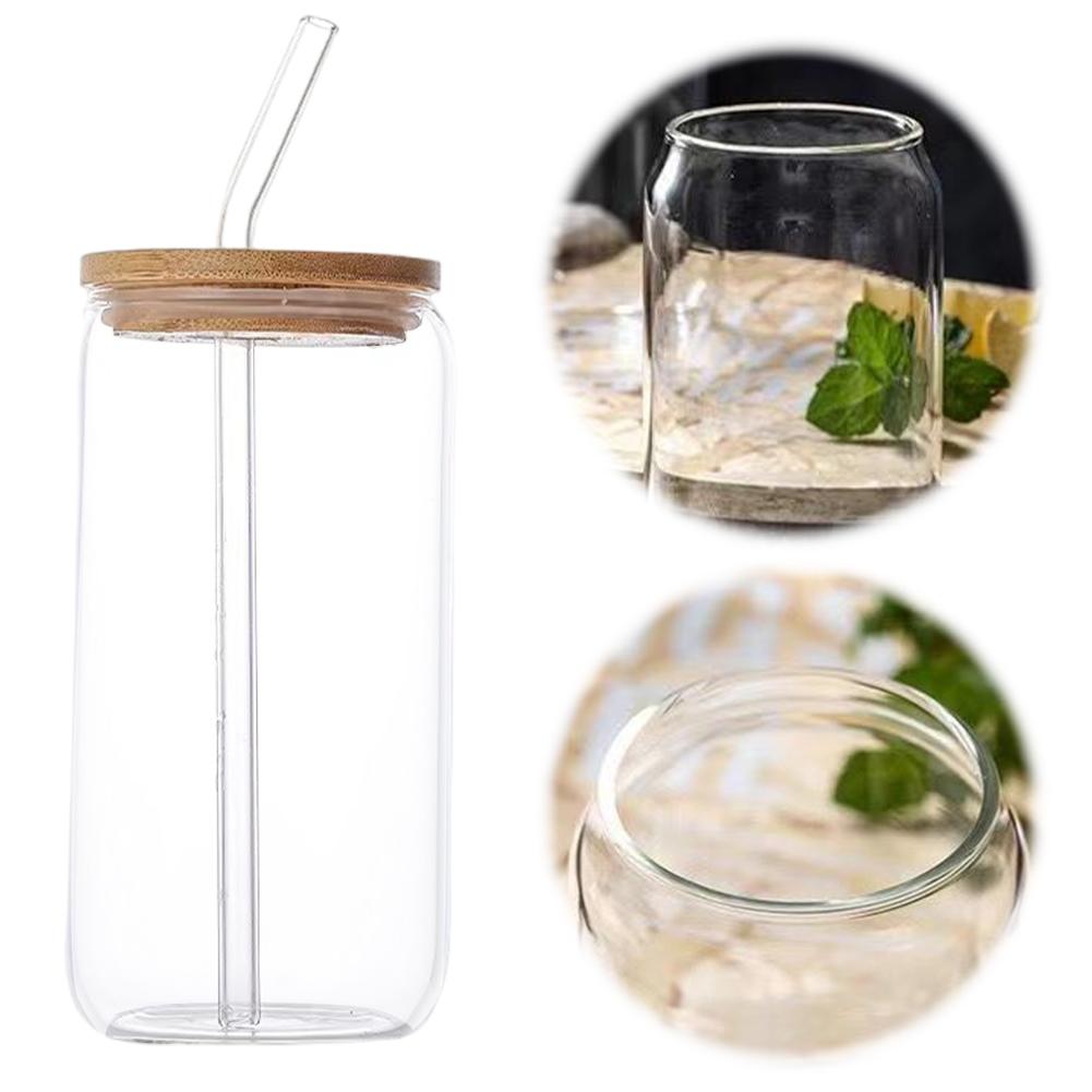 500ML/16oz Glass Cups with Lids and Straws Can Shaped Glass Cups Iced Coffee Cups Beverage Juice Cups for Cocktail Whiskey Gift