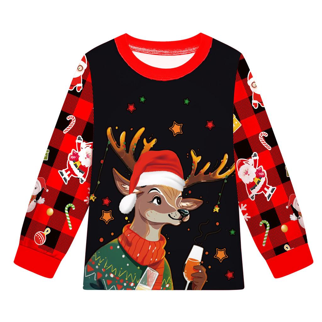 Kids Boys Girls Cartoon Santa Claus Christmas Tree Elk Print Long Sleeves T-Shirt Top Pants Trousers Clothes Set