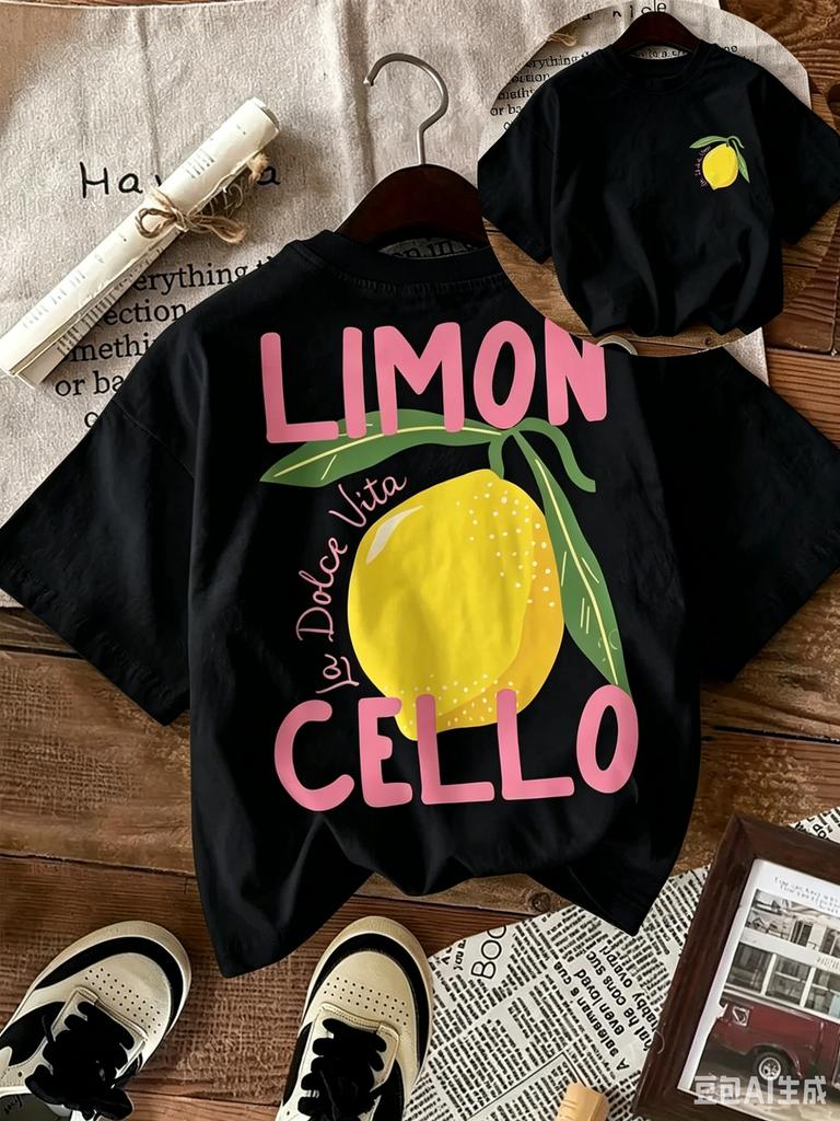 New Summer T-Shirt for Kids, Daily Casual Style, Breathable and Comfortable, Short-Sleeved, with A Cartoon Lemon Print.