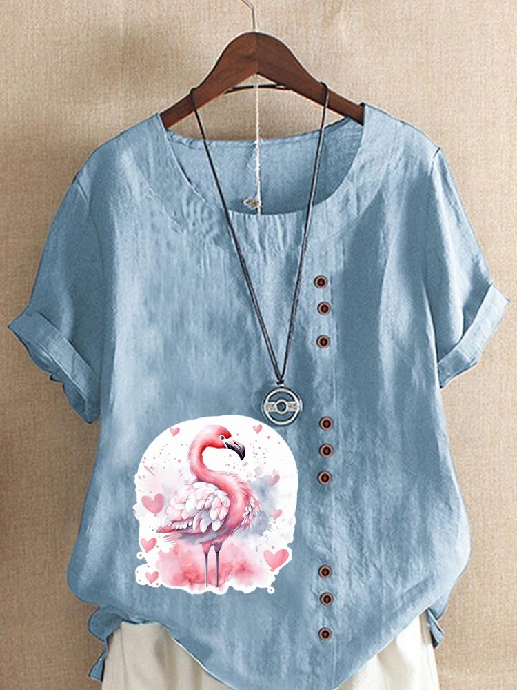 Women's Fashion Love Flame Bird Print Shot Sleeve T-shirt Loose Cotton Shirt Casual Loose Summer Blouse Tops Plus Size