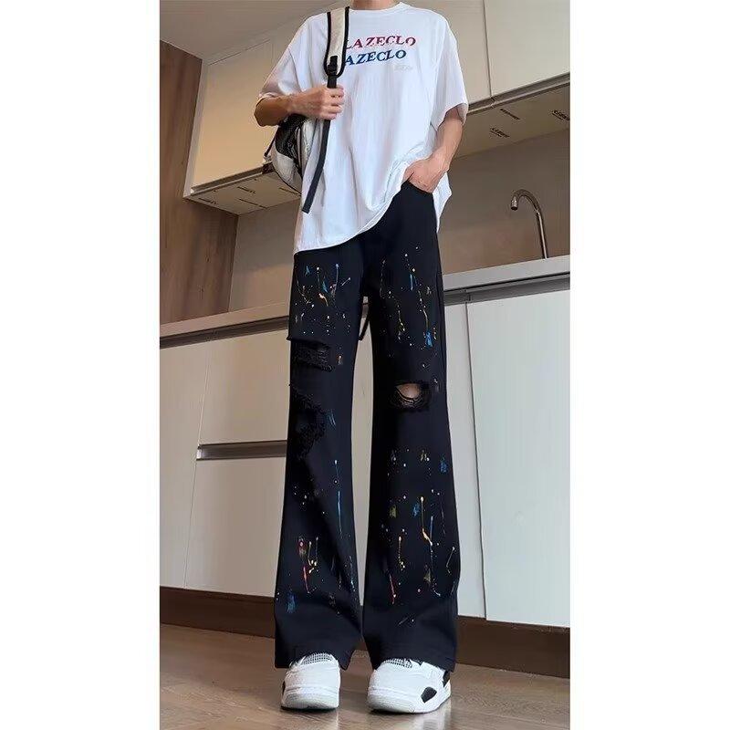 Джинсы JYL Мужские Милые Цветочная Вышивка Свободные Прямые Черный Вымытый Деним Брюки S