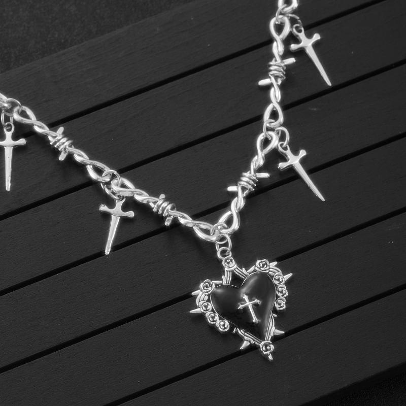 Gothic Y2K Thorn Rose Bow Heart Pendant Necklace Women's Retro Vampire Accessories Witch Party Jewelry Gift Choker