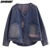 DIMANAF 2024 Neue Übergrößenjacke O-Ausschnitt Mäntel Damen Einfarbige Mäntel Lässig Herbst Lose Denim Baumwollknöpfe Übergröße Kurze Jacke