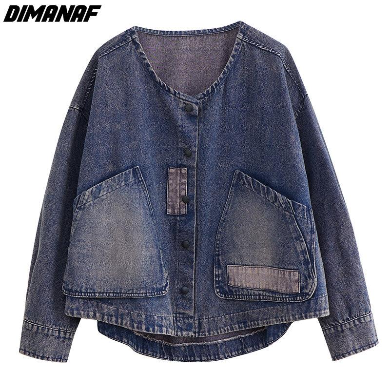 DIMANAF 2024 Neue Übergrößenjacke O-Ausschnitt Mäntel Damen Einfarbige Mäntel Lässig Herbst Lose Denim Baumwollknöpfe Übergröße Kurze Jacke