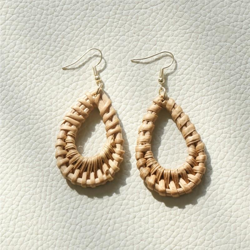 Handcrafted Brown Rattan Oval Hollow Dangle Earrings for Women Wooden Holiday Earring Party Jewelry Gifts