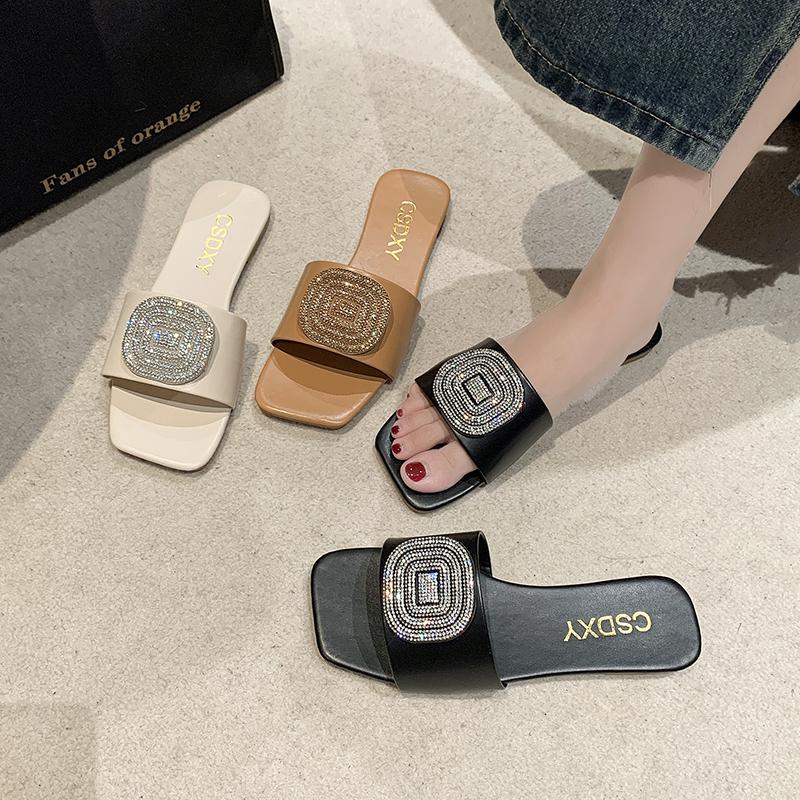 Fashion Women's Fashion Slippers Glitter Crystal Diamond Slipper Square Toe Flat Heels Sandals Summer Leisure Women Beach Vacation Shoes