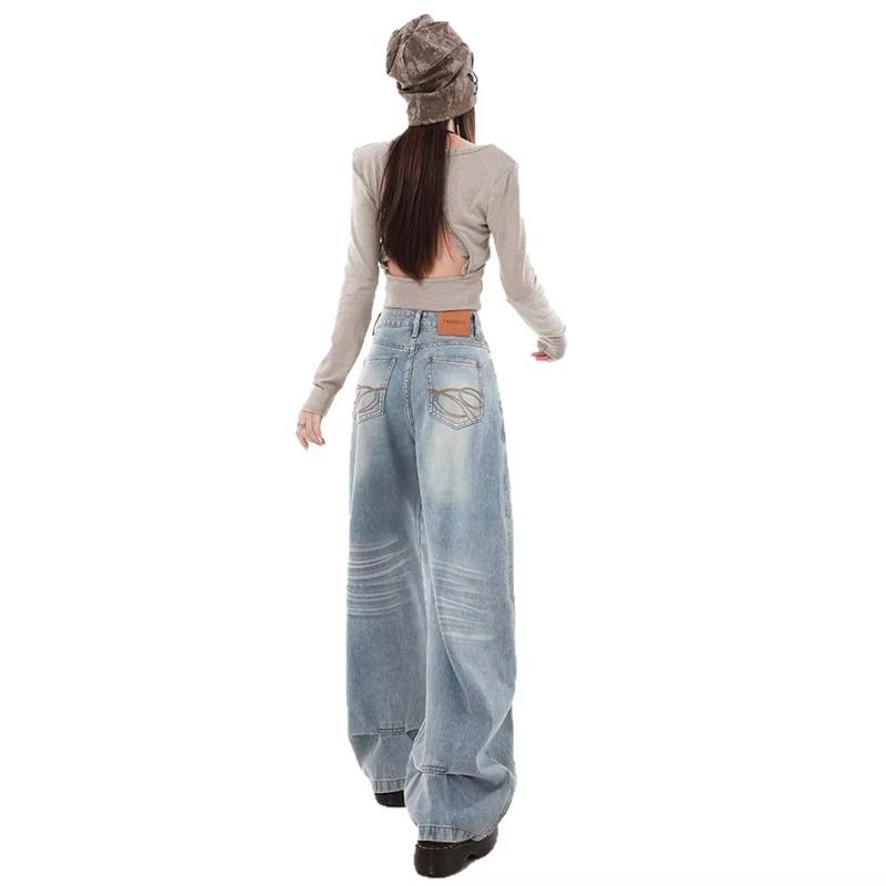VIONA Retro American Wide Leg Knife Edge Denim Jeans Women s Fleece Lined Autumn New Light Embroidered Pleated Loose Straight Pants S