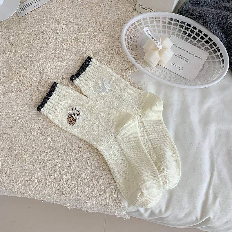 Sock Children's Cute Cartoon Embroidered Puppy Mid-length Socks with Contrasting Color Snap-on Double-needle Pile-up Design for Autumn and Winter