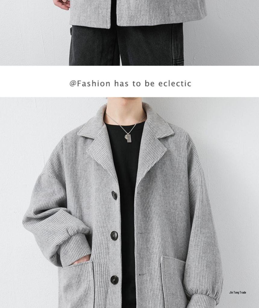 Men's Corduroy Wool Coat - Mid-Length, Loose Fit, Spring/Autumn, Hong Kong & Korean Style