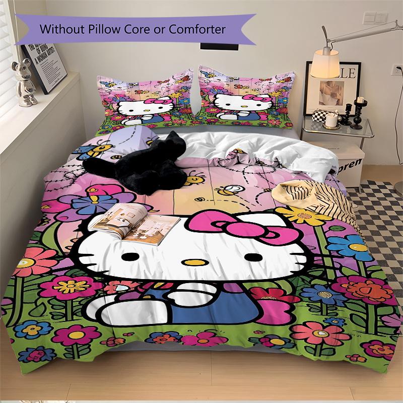 3pcs Flowers and Butterflies Hello Kitty Pattern Bedding Three-Piece Set (1 Cover + 2 Pillowcases, No Fillings), Soft and Comfortable S021